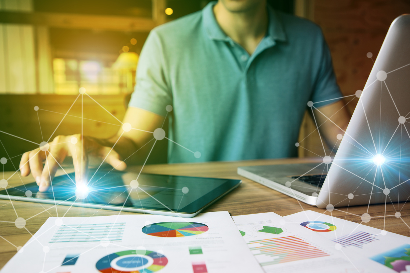 business person using digital devices. IoT(Internet of Things). ICT(Information Communication Technology). mixed media.